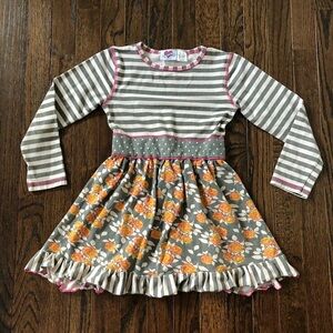 Ann Loren Girls 7/8 Gray/Creme/Pink Multi-Design Long-Sleeve A-Line Cotton Dress